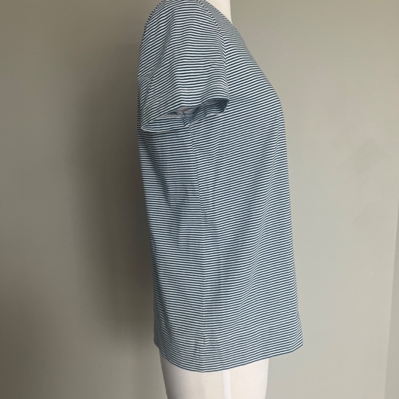 Lafayette 148 Kim Cotton Mini Stripe Roundneck Casual T-Shirt Top White Teal - Picture 10 of 13